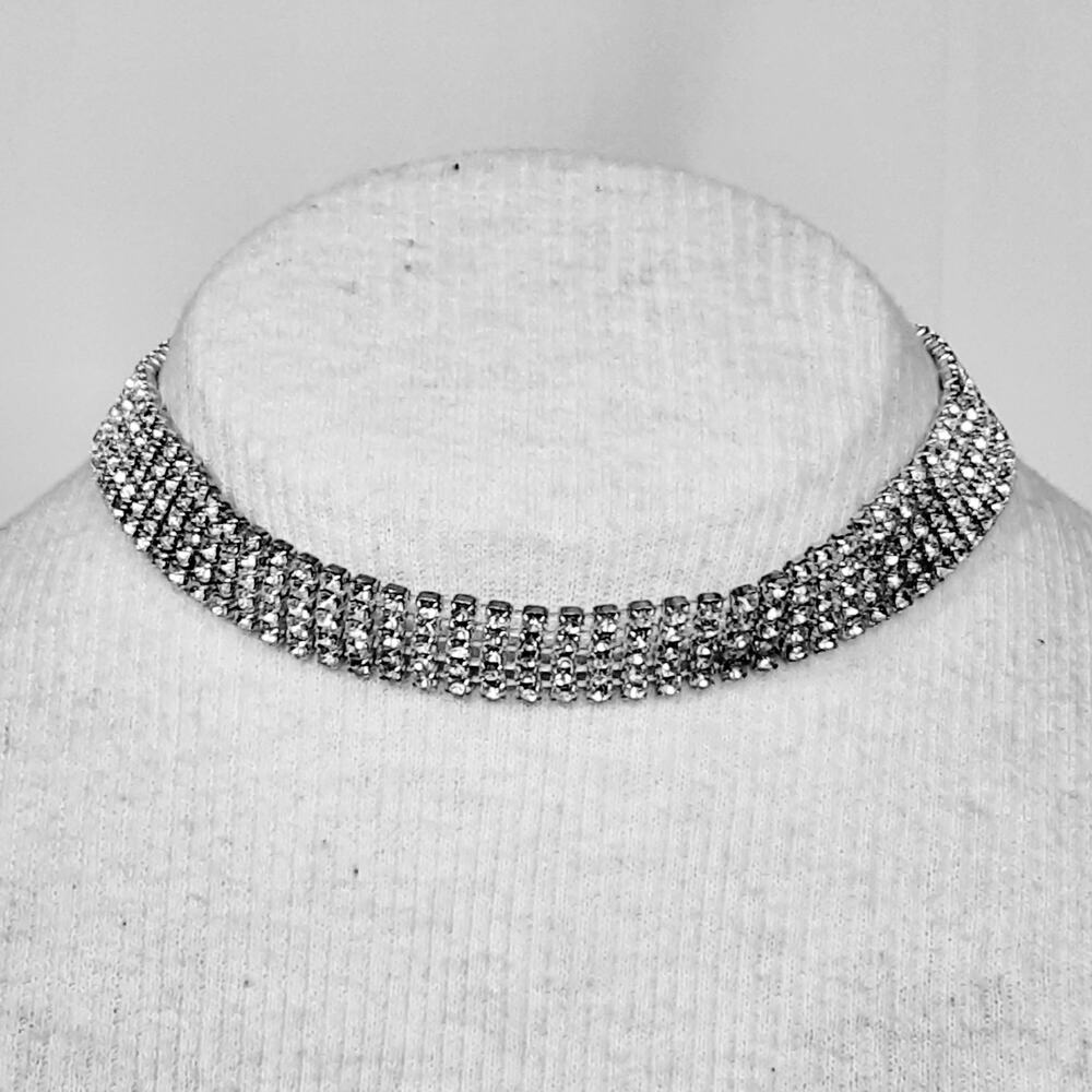 MN Signed Multi Row Rhinestone Choker Necklace Silver Tone Crystal Mesh Design